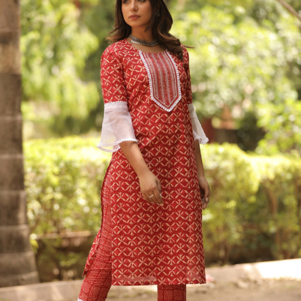 GoSriKi Thread Work Anarkali Kurta With Trouser & Dupatta by
