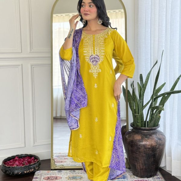 Elegant Mustard Yellow Ethnic Suit with Purple Dupatta"