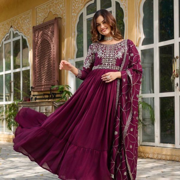 Elegant Burgundy Anarkali Gown with Silver Embroidery | Traditional Indian Ethnic Wear"