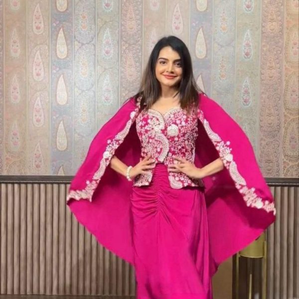 : Hot Pink Embellished Cape & Skirt Set | Festive