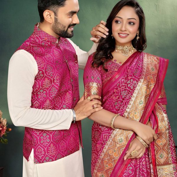 Regal Pink Couple Ethnic Wear | Matching Saree & Nehru Jacket Set