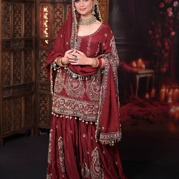 Exquisite Maroon Bridal Sharara Suit with Intricate Embroidery - Traditional Indian Wedding Wear