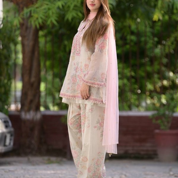 "Elegant White Floral Print Sharara Suit with Pink Accents – Stylish Ethnic Wear for Weddings & Festivals"