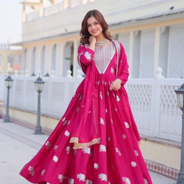 Vibrant Rani Pink Elephant Motif Anarkali Gown | Traditional Indian Ethnic Wear"