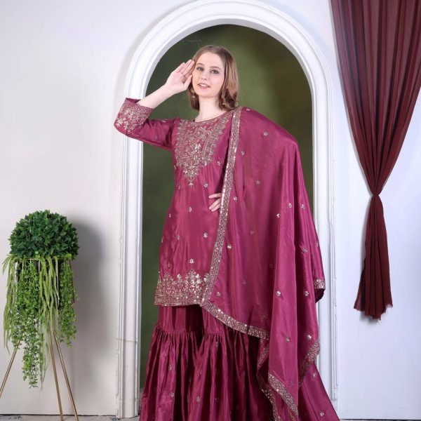 Elegant Magenta Sharara Suit with Mirror Work – Stunning Traditional Indian Ethnic Wear for Weddings & Festivals