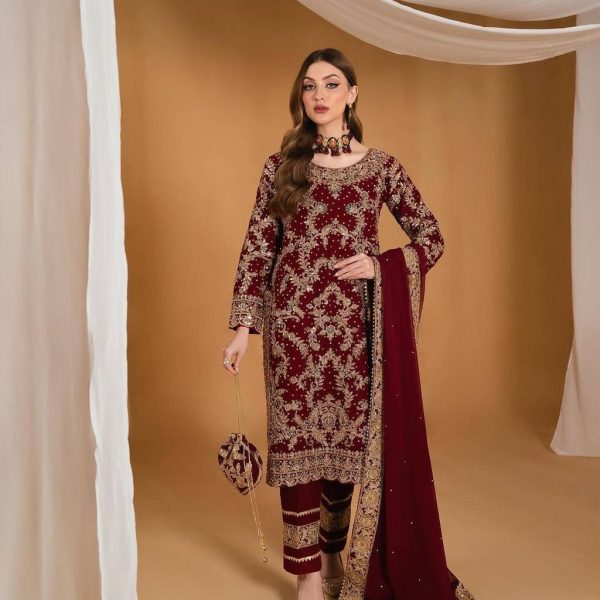 Luxurious Maroon Embroidered Pakistani Indian Dress | Wedding & Formal Wear