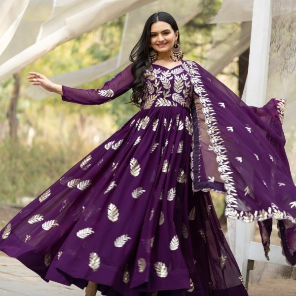 Regal Purple Anarkali Gown with Golden Leaf Motifs - Festive & Wedding