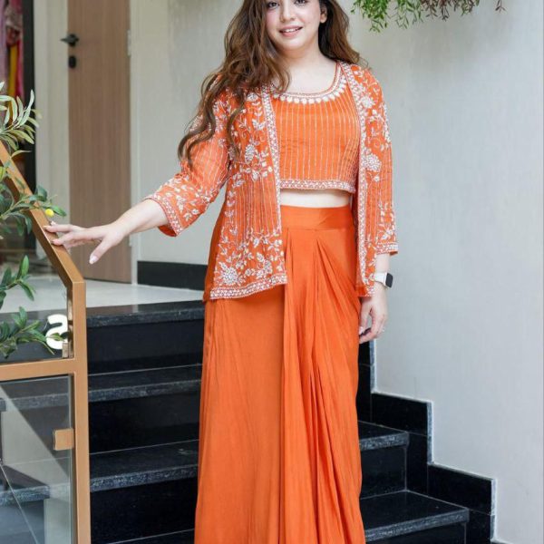 Mandarin Orange Ethnic Shrug Set | Wedding & Festive Wear