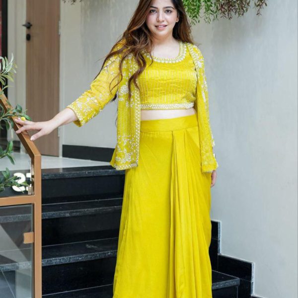 Women's Lime Yellow Embellished Skirt Set | Party Wear