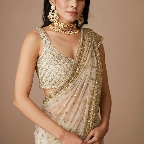 Opulent Cream Gold Sequin Saree for Wedding & Party Wear | Designer Embellished Saree