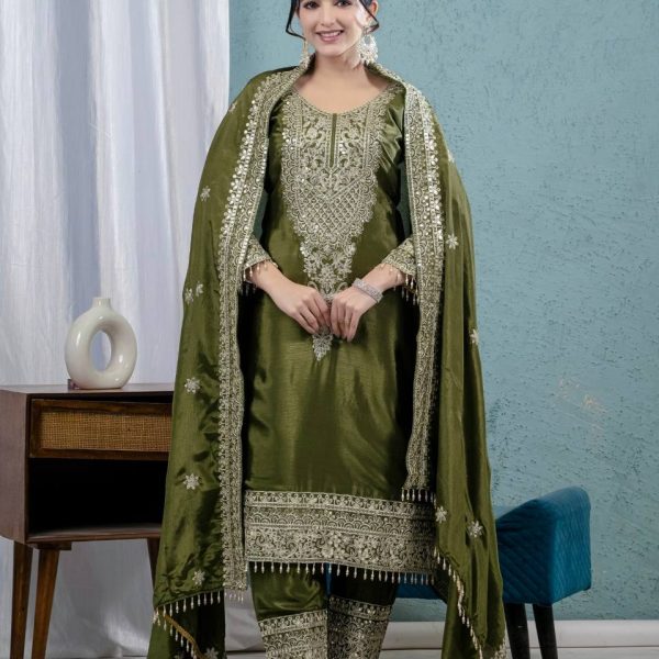 Elegant Olive Green Silk Embroidered Salwar Suit – Ready to Ship | Designer Luxury"