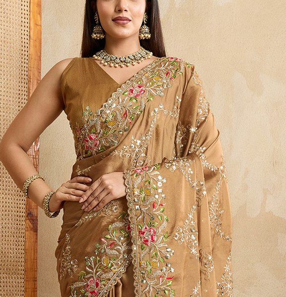Elegant Brown Multi-Color Embroidered Saree | Designer Wedding & Festive Wear
