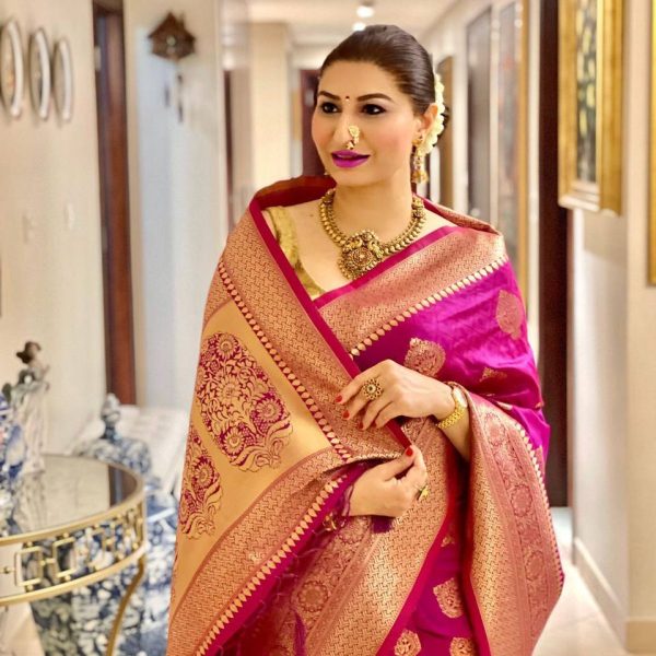 Fuchsia Pink & Gold Banarasi Silk Saree with Blouse | Wedding & Festive