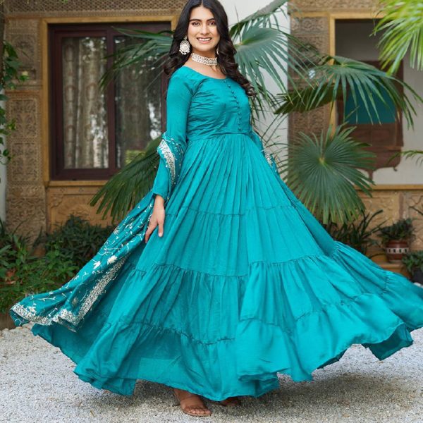 Elegant Teal Embroidered Gown with Dupatta | Stylish Indian Ethnic Wear for Women"