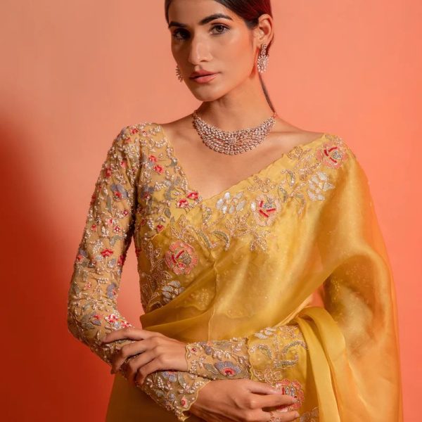 Exquisite Golden Yellow Embroidered Saree with Full Sleeve Blouse | Wedding & Festive Wea