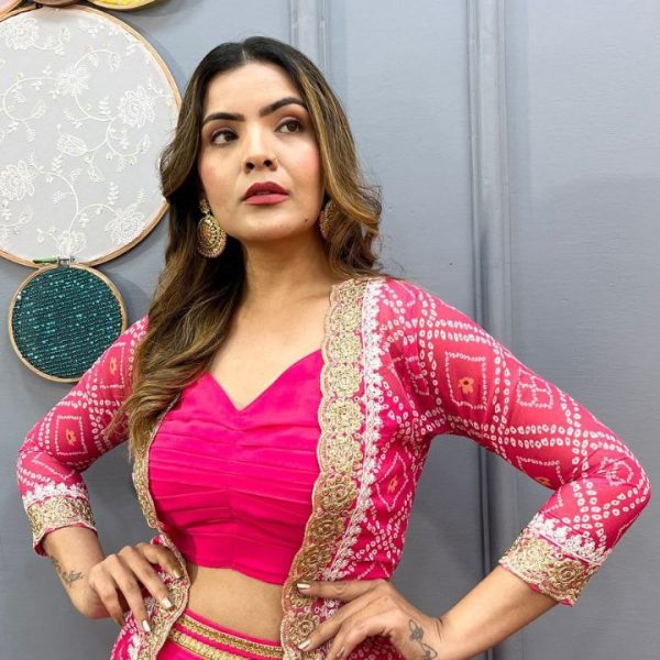 : Rani Pink Bandhej Ethnic Skirt & Blouse Set with Jacket | Modern Indian Festive Fashion