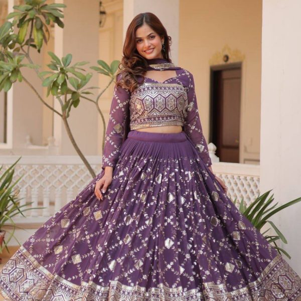 Regal Purple Lehenga Choli with Gold Foil Print for Festive Occasions