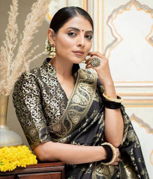 Luxurious Black Silk Saree | Golden Floral Weave | Party & Festive