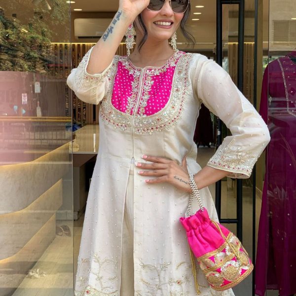 Party Wear: Cream & Fuchsia Zari Work Kurta Set with Palazzo & Potli
