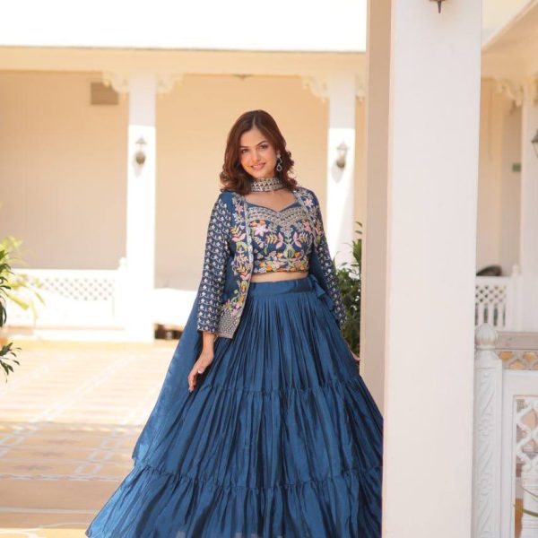 Elegant Blue Tiered Lehenga with Embroidered Jacket for Festive Wear