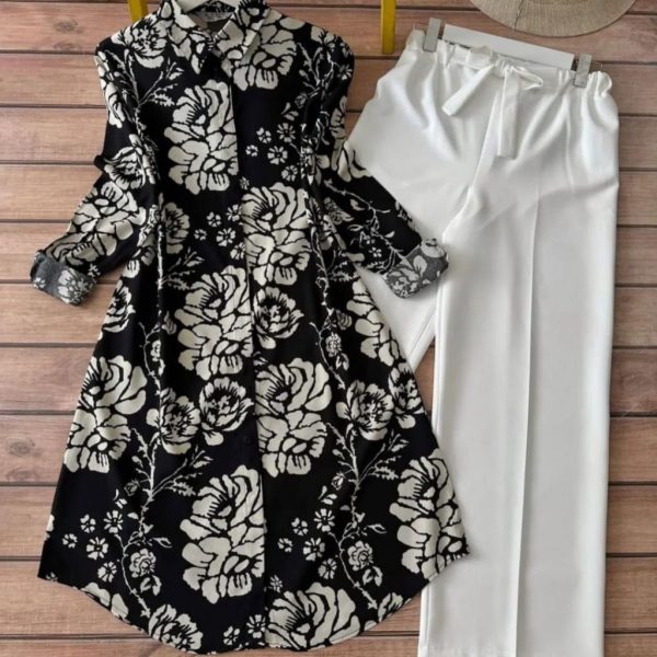 Shop Women's Black & White Printed Co-ord - Tunic Shirt & White Bottoms |