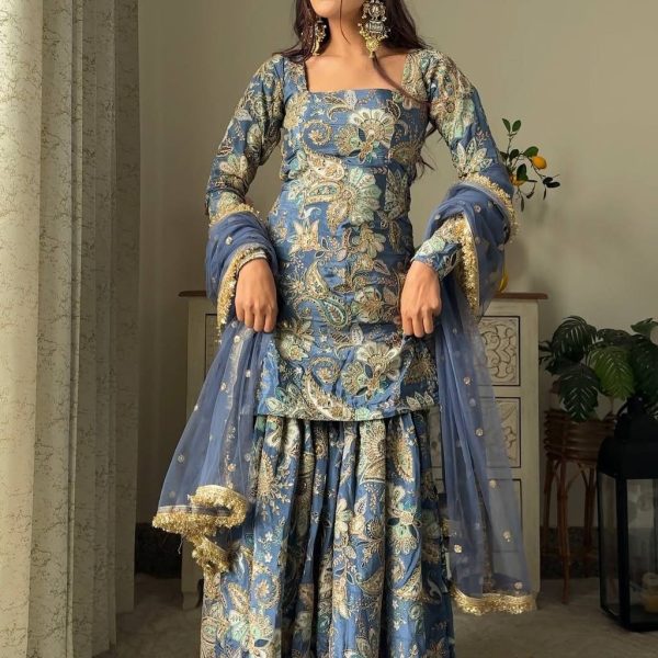 Exquisite Blue Floral Sharara Suit for Women - Traditional Indian Ethnic Wear