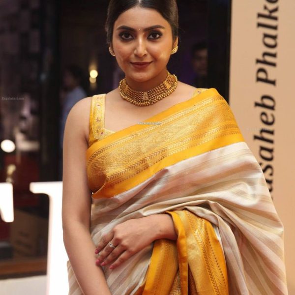 Party Wear Pure Silk Look Saree with Rich Zari Border & Striped Pattern - Golden & White