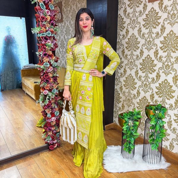 : Designer Lime Green Indo-Western Gown for Women | Heavy Embroidered Party & Wedding Attire