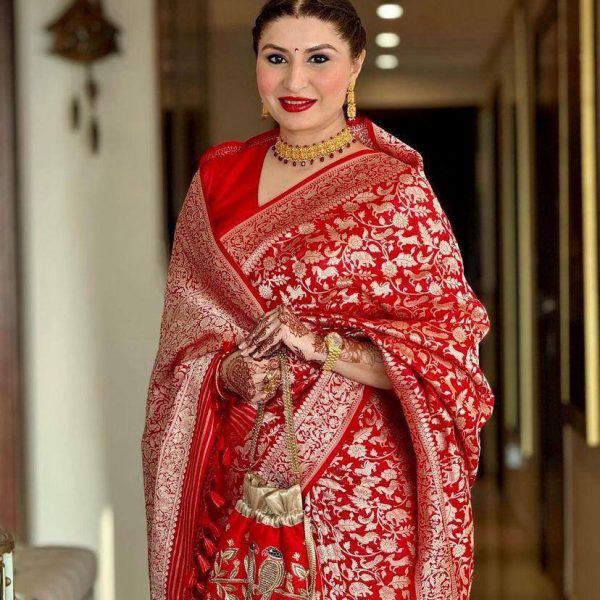 Red & Gold Banarasi Silk Saree with Blouse Piece | Wedding & Festive