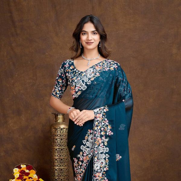 Designer Teal Saree with Multi-Color Floral Embroidery - Indian Wedding & Festive Wear"