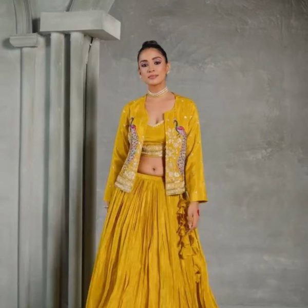 Mustard Yellow Lehenga Set with Embroidered Jacket | Festive Wear"