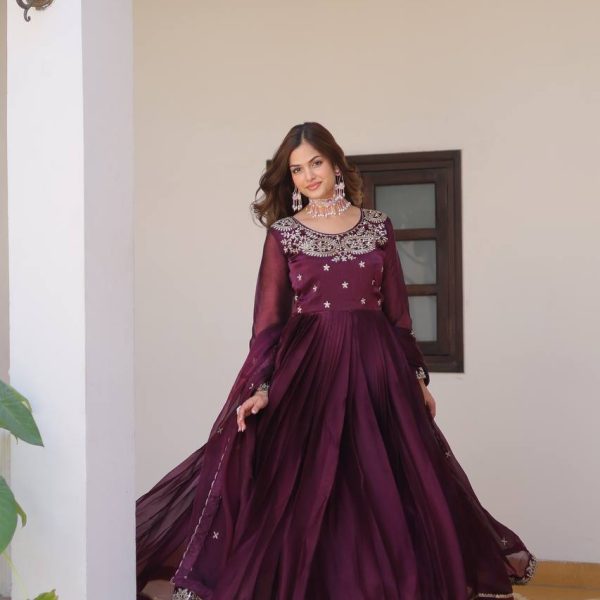 Elegant Plum/Wine Anarkali Gown with Star Embroidery - Perfect for Festive & Wedding Occasions