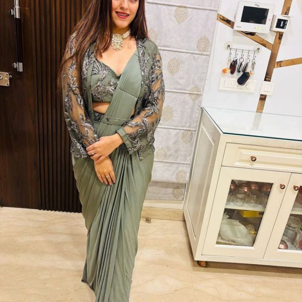 Title: Modern Ethnic Grey Readymade Saree with Sequin Work Jacket | Women's Festive & Engagement Outfit