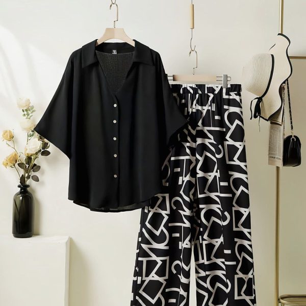 Shop Casual Summer Co-ord Set - Black Blouse & Printed Flowy Pants for Women
