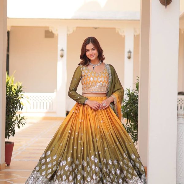 Yellow & Olive Green Ombré Lehenga Choli | Mirror Work Festive Set