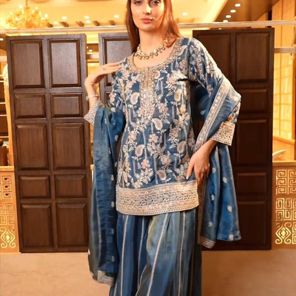 Elegant Blue Chinnon Silk Gharara Suit – Exquisite Zari Embroidery | Pakistani & Indian Bridal & Wedding Wear"