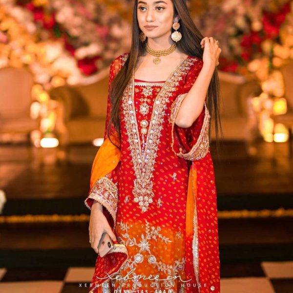 "Vibrant Red-Orange Ombre Salwar Suit with Gold Embroidery – Premium Festive & Wedding Wear"