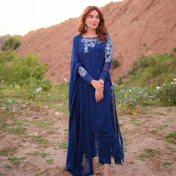 Elegant Royal Blue Salwar Suit with White Embroidery & Dupatta"