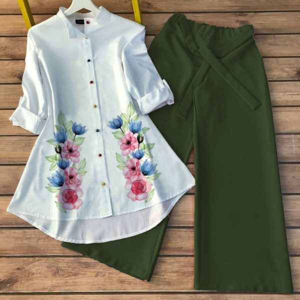 Designer White Printed Shirt & Olive Green Palazzo Combo | Trendy
