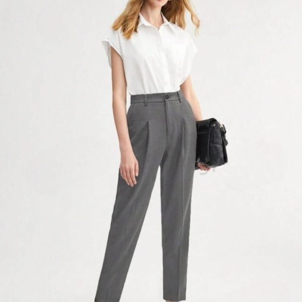 Women's Grey High Waisted Pleated Trousers | Ankle Length