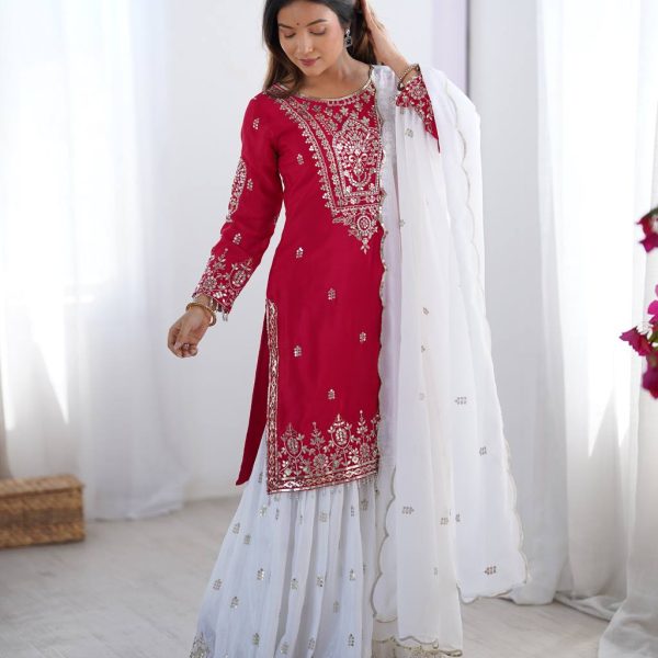 Festive RANI & White Designer Sharara Suit for Weddings & Celebrations
