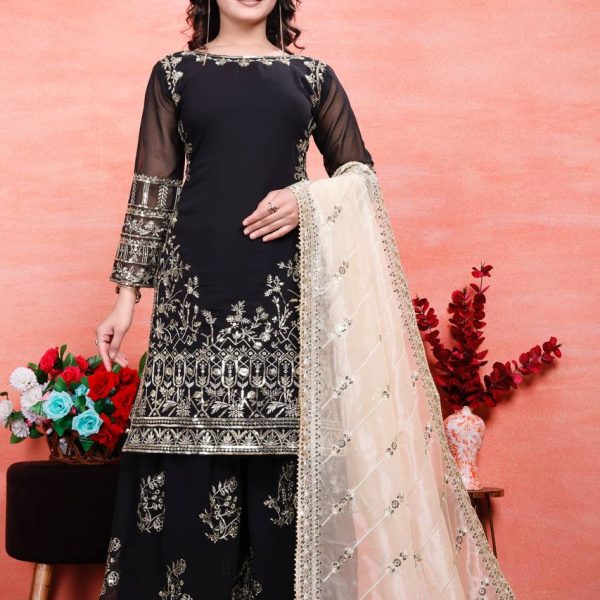 Black Embroidered Kurta Sharara Set with Gold Sequin Work & Contrast Dupatta