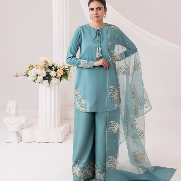 Light Blue Embroidered Kurta Palazzo Set with Gold Sequin Work