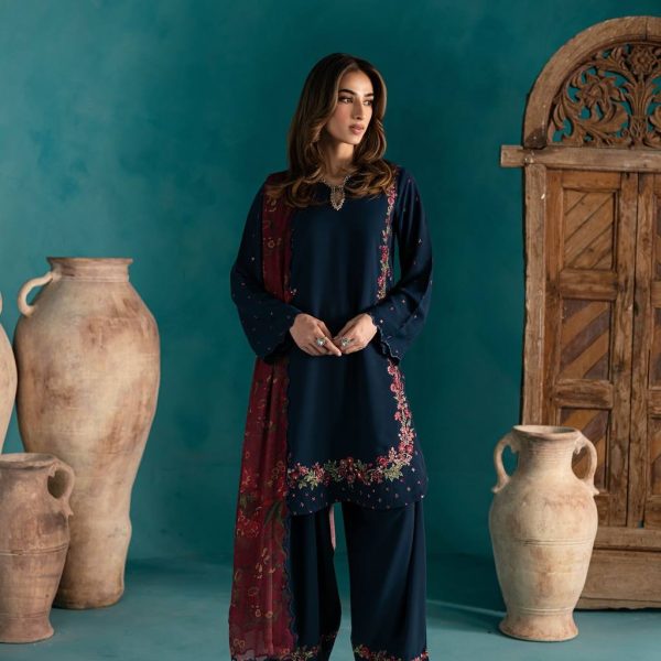 Navy Blue Floral Embroidered Kurta Palazzo Set with Maroon Dupatta