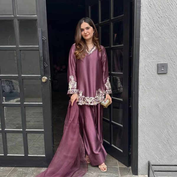 Plum Embroidered Kurta Set with Palazzo & Dupatta - Women's Ethnic Wear