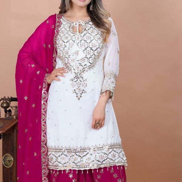 White Embroidered Kurta with Rani Pink Sharara Suit - Festive Ethnic Wear