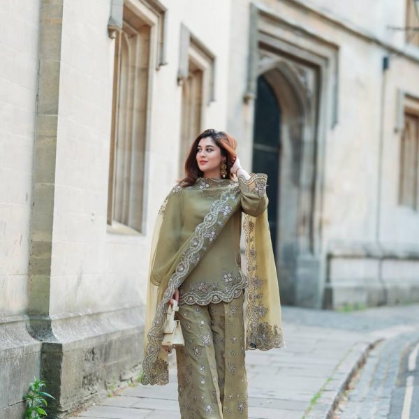 Designer Olive Green Zari Work Palazzo Suit with Dupatta