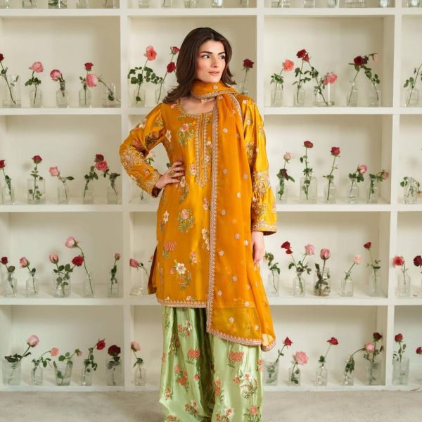 Mustard Yellow & Mint Green Floral Kurta Set