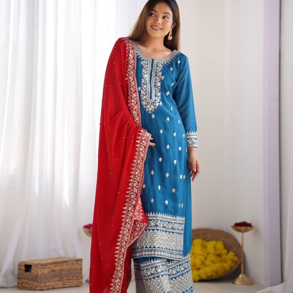 Exquisite Teal Blue & Red Embroidered Kurta Set with Dupatta & Pants: