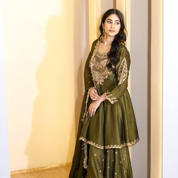 Regal Olive Green Embroidered Anarkali Gown with Sharara